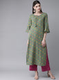 Women's  Green & Yellow Printed Straight Kurta