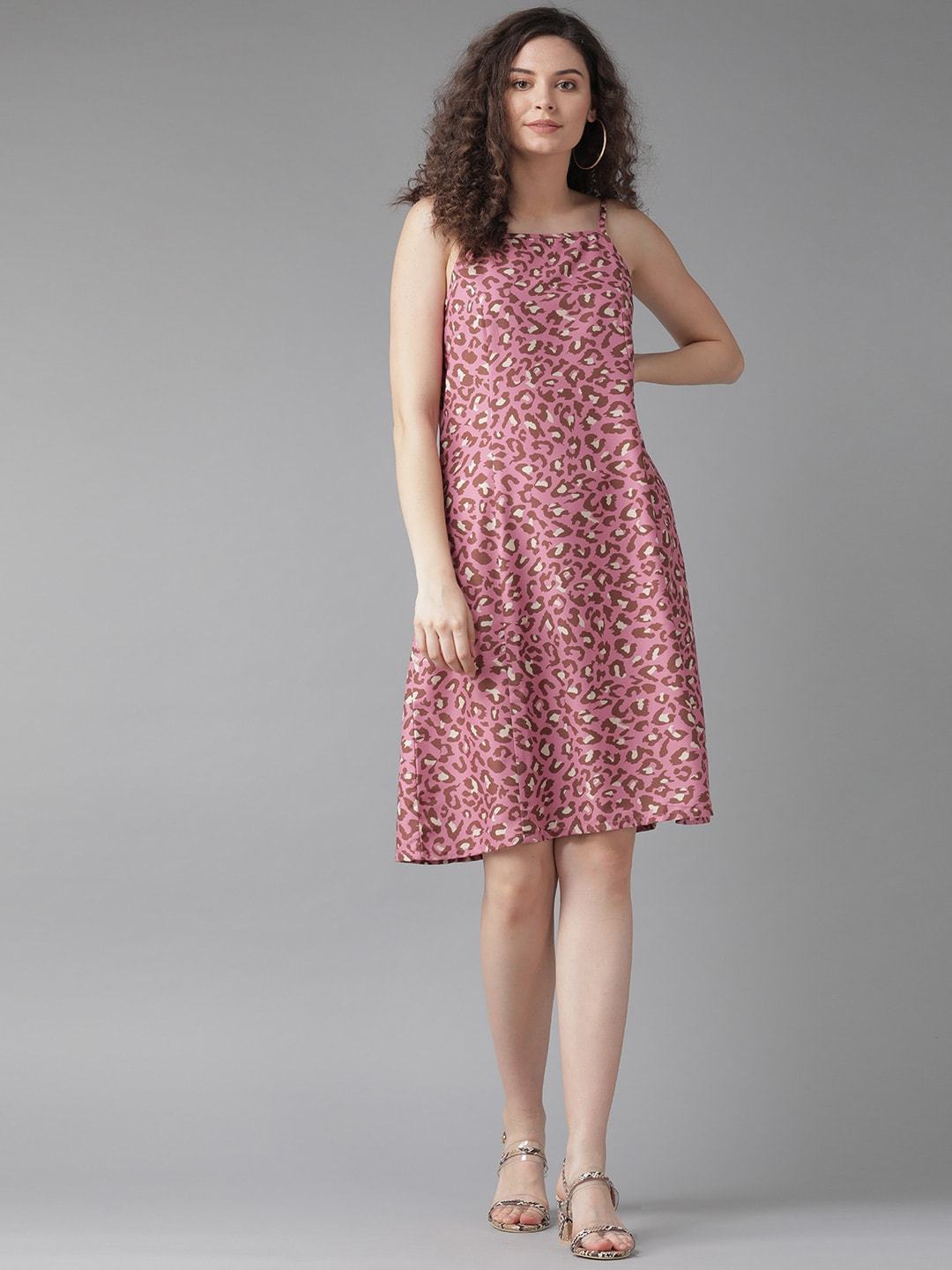 Women's  Pink & Brown Leopard Print A-Line Dress