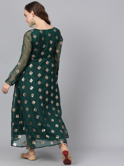 Women's  Green & Gold-Toned Woven Design Anarkali Kurta