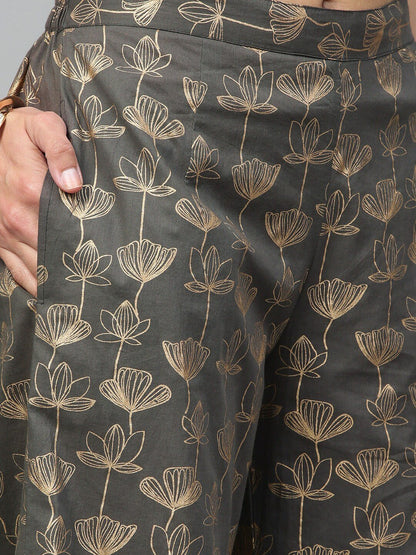 Women's  Grey & Golden Printed Straight Palazzos