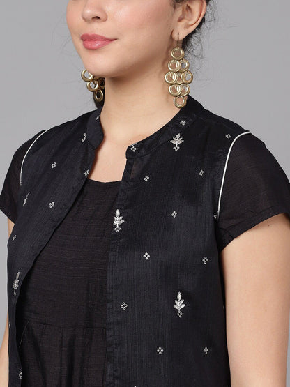 Women's  Black & Silver-Toned Embroidered Anarkali Kurta