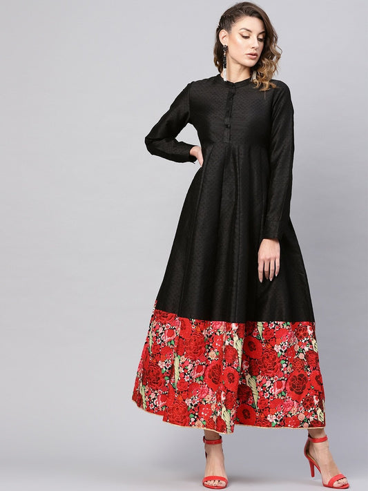 Women's  Black Floral Printed Detail Maxi Dress