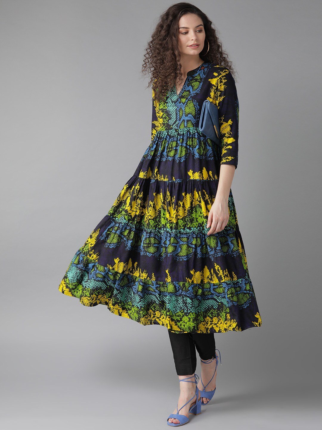 Women's  Navy Blue & Yellow Animal Print Tiered Anarkali Kurta