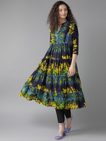 Women's  Navy Blue & Yellow Animal Print Tiered Anarkali Kurta