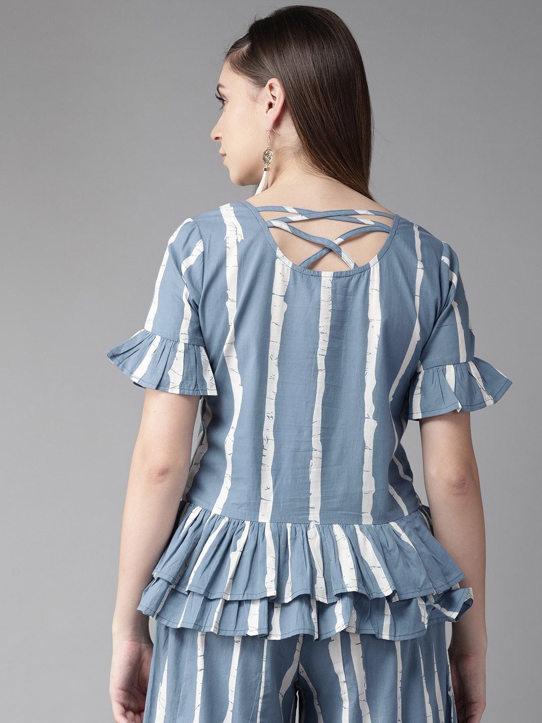 Women's  Blue & White Striped Ruffled A-Line Top