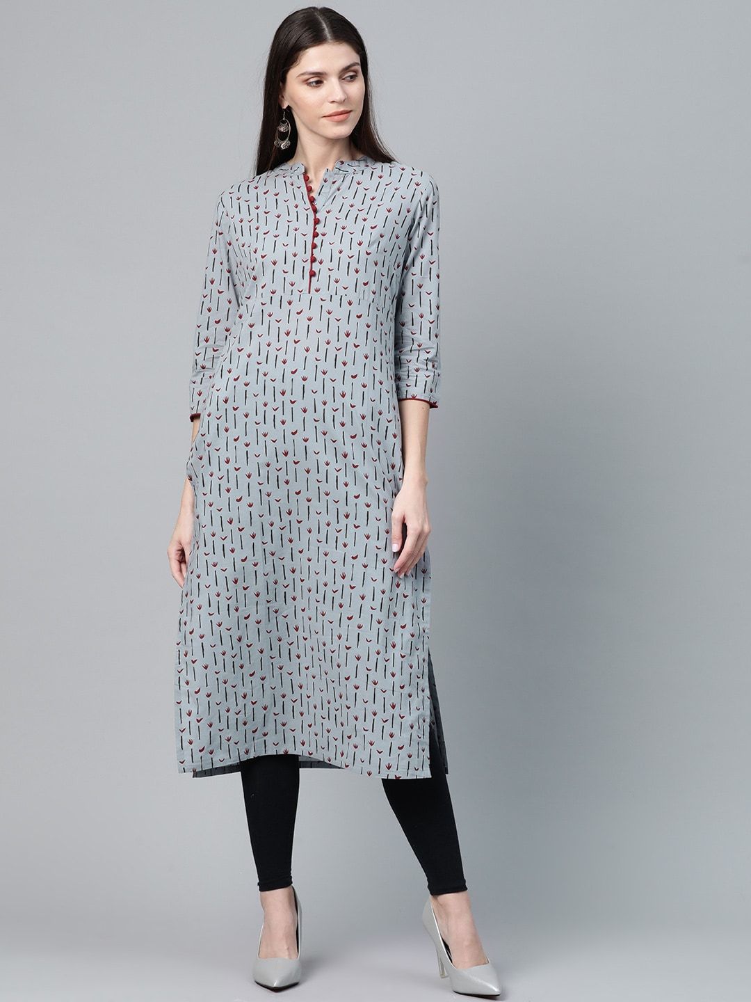 Women's  Grey & Maroon Printed Straight Kurta