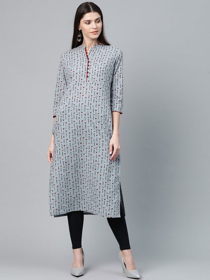 Women's  Grey & Maroon Printed Straight Kurta