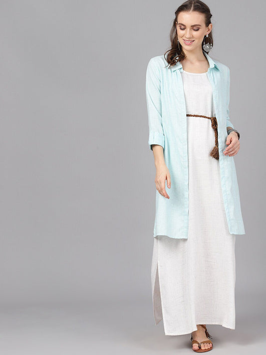 Women's  Turquoise Blue Solid Longline Open Front Jacket