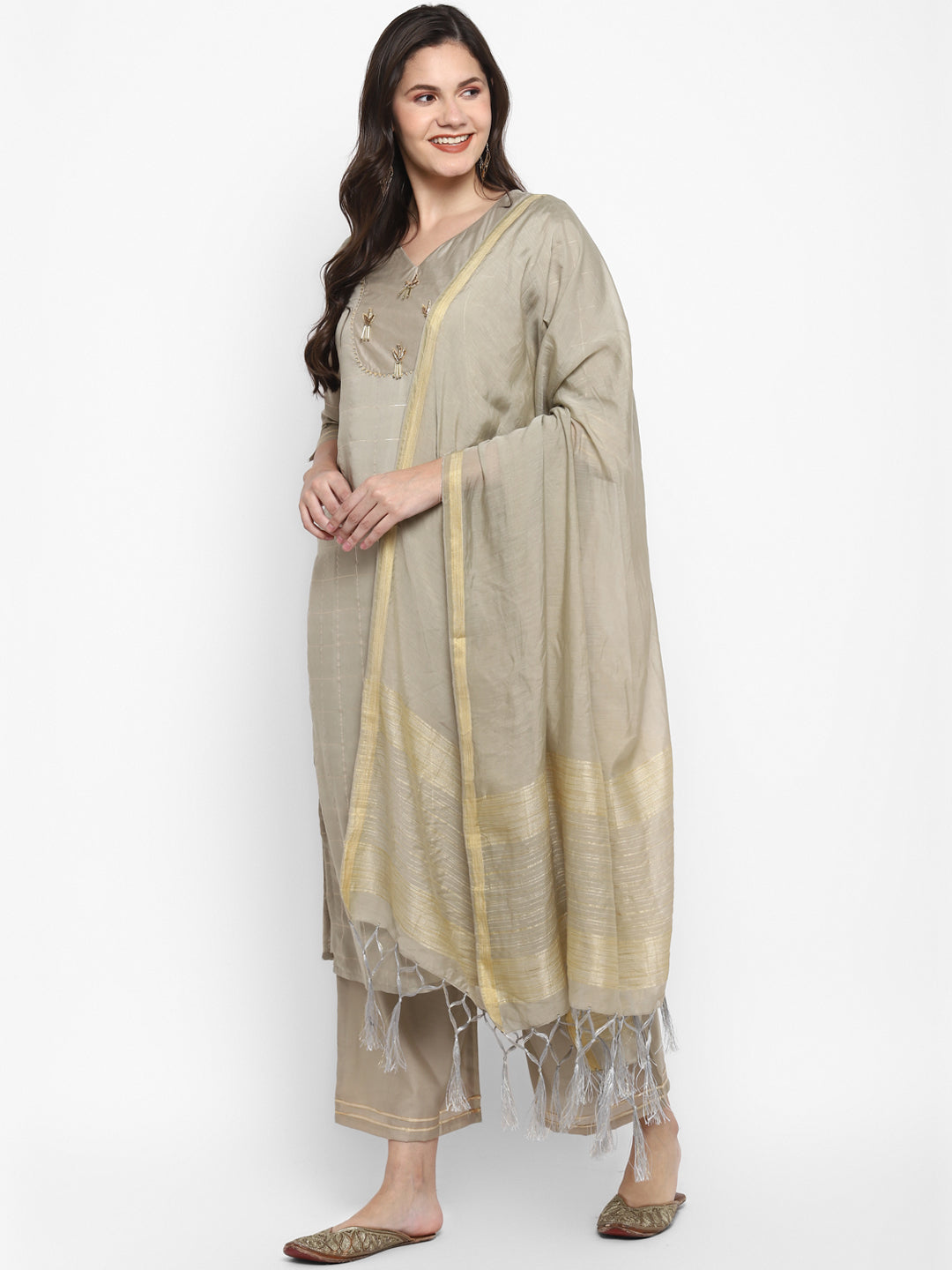 Women's Grey Color Chanderi Silk Embroidered Straight Kurta Palazzo With Dupatta
