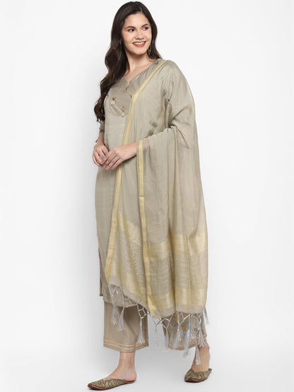 Women's Grey Color Chanderi Silk Embroidered Straight Kurta Palazzo With Dupatta