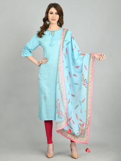 Women's Sky Blue Cotton Printed 3/4 Sleeve Round Neck Casual Kurta Dupatta  Set