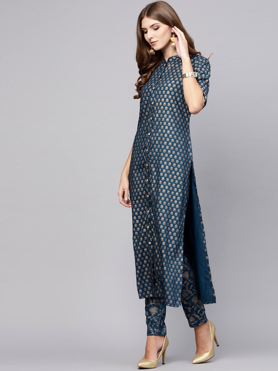 Women's  Teal Blue & Golden Printed Straight Kurta
