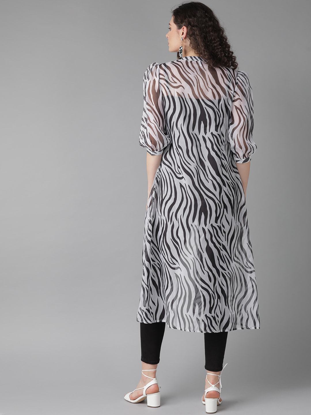 Women's  White & Black Animal Printed Open Front Shrug