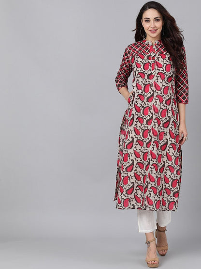 Women's  Brown & Pink Printed Straight Kurta