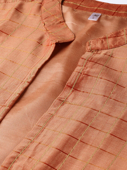 Women's  Peach-Coloured & Golden Checked Open Front Longline Ethnic Jacket