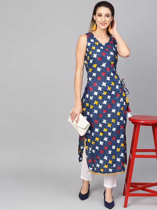 Women's  Navy Blue & Off-White Printed Straight Kurta