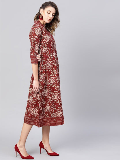 Women's  Maroon & Beige Printed Wrap Dress