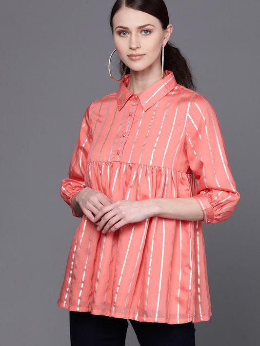 Couture Women's  Peach-Coloured & Silver Striped Tunic
