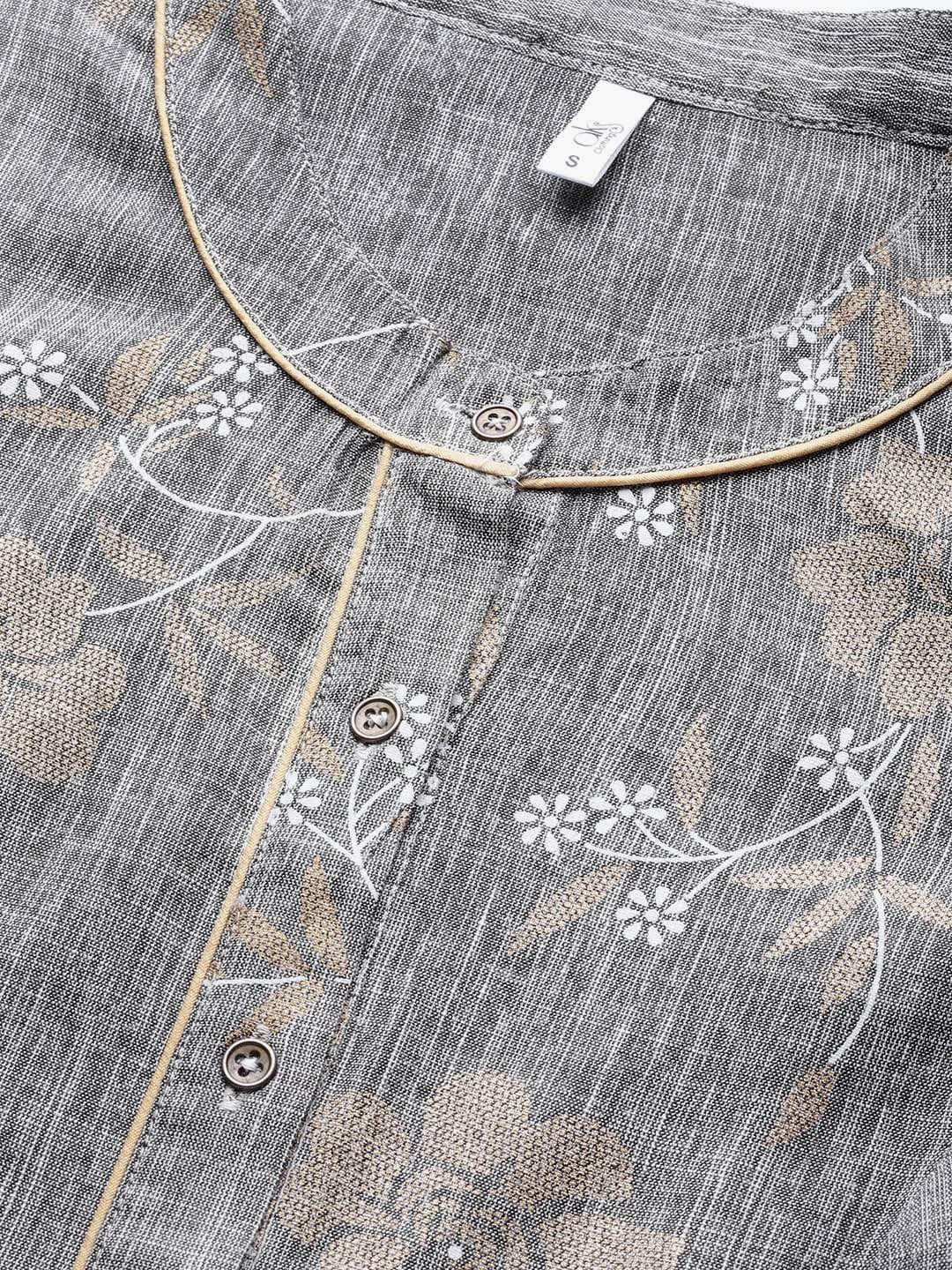 Women's  Grey & Golden Floral Printed A-Line Kurta