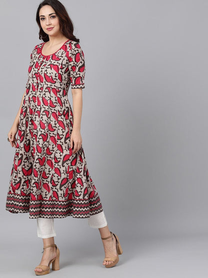 Women's  Brown & Pink Printed Anarkali Kurta