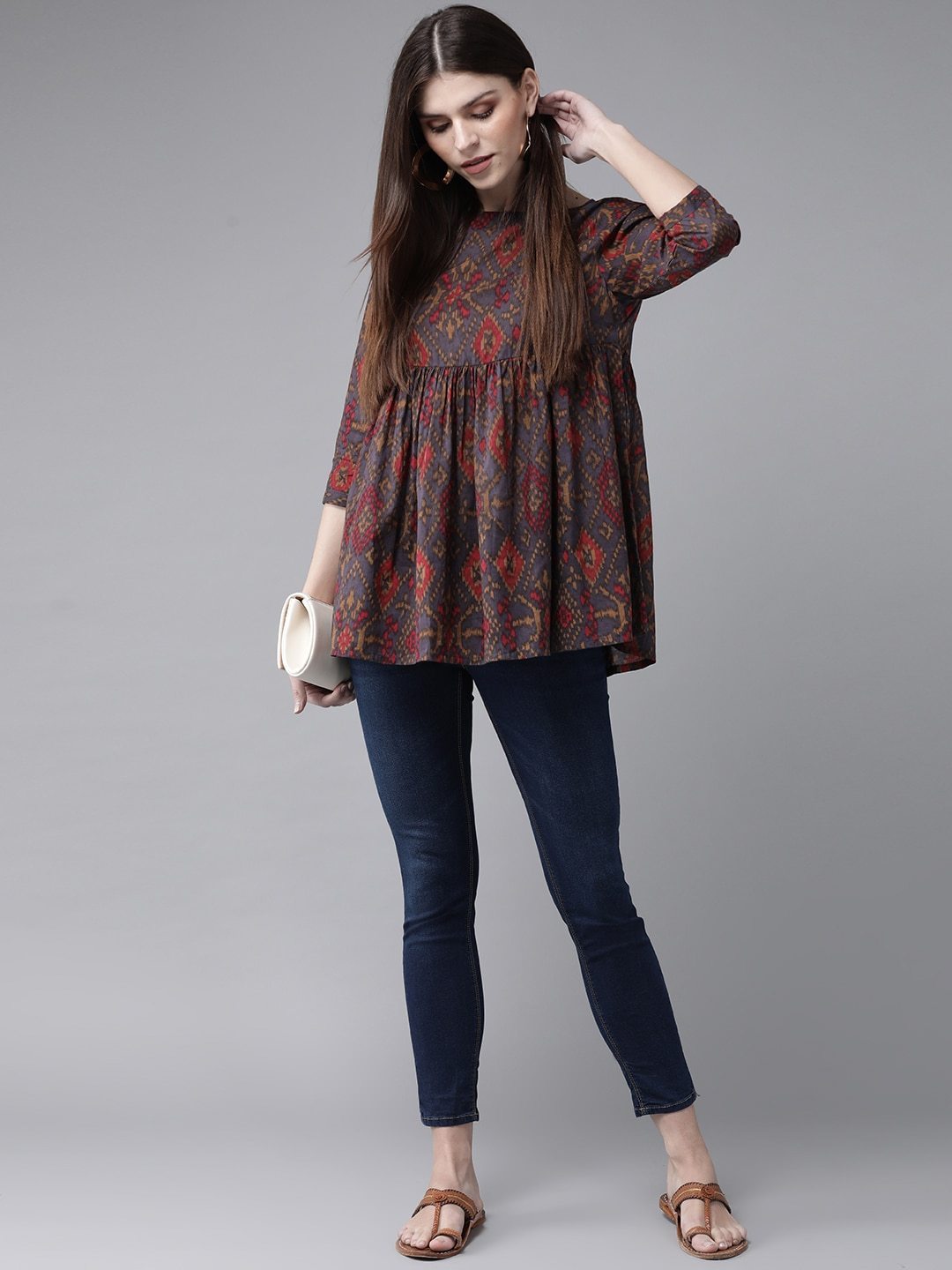 Women's Blue & Brown Printed Tunic
