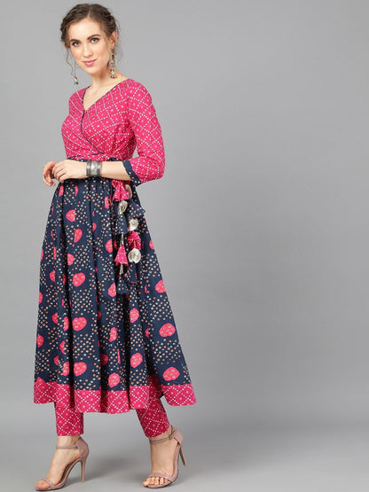 Women's  Navy Blue & Pink Printed Anarkali Style Angarkha Kurta