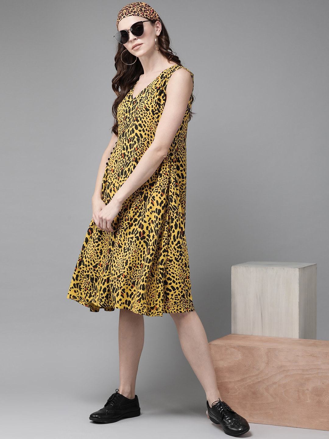 Women's  Yellow & Black Animal Printed Wrap Dress