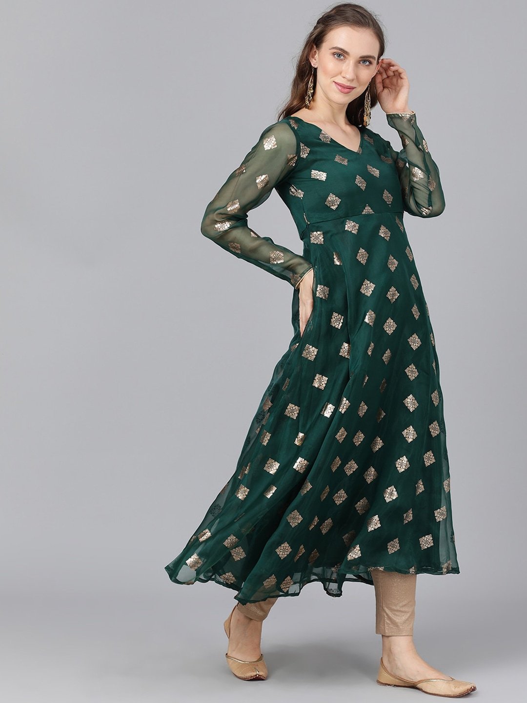 Women's  Green & Gold-Toned Woven Design Anarkali Kurta