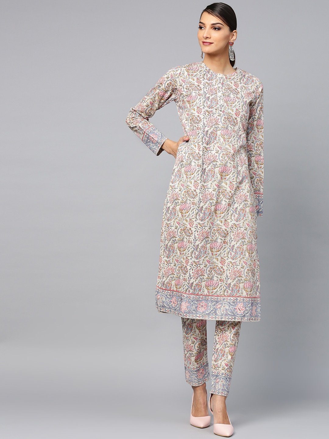 Women's  Cream-Coloured & Pink Printed Kurta with Trousers