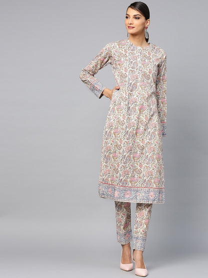 Women's  Cream-Coloured & Pink Printed Kurta with Trousers