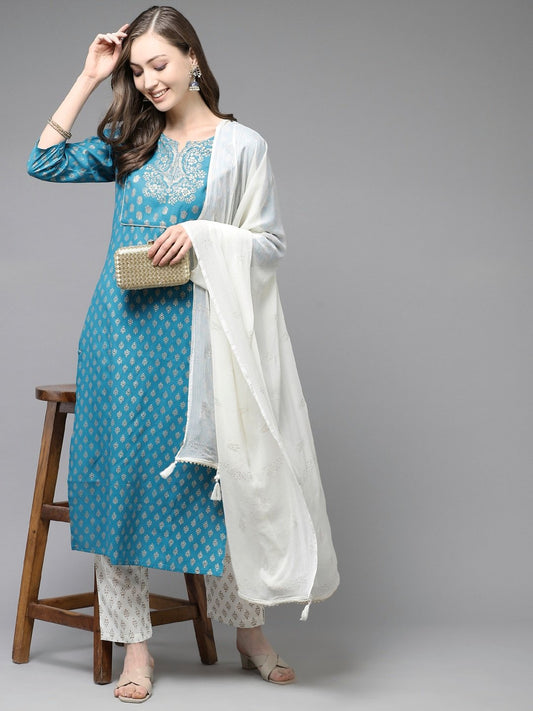 Women's Teal Blue & Off-White Printed Kurta Set