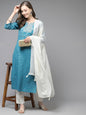 Women's Teal Blue & Off-White Printed Kurta Set