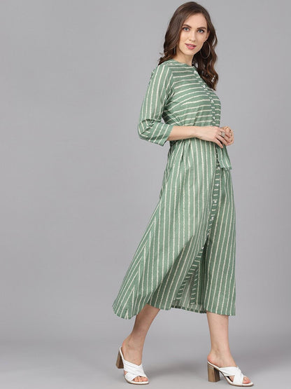 Women's  Green & Beige Striped A-Line Dress