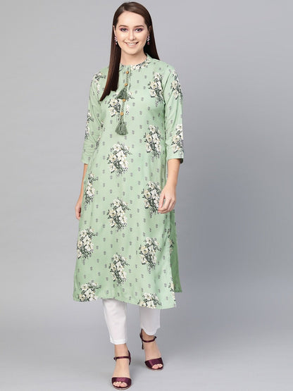 Women's  Green & Grey Floral Print Straight Kurta
