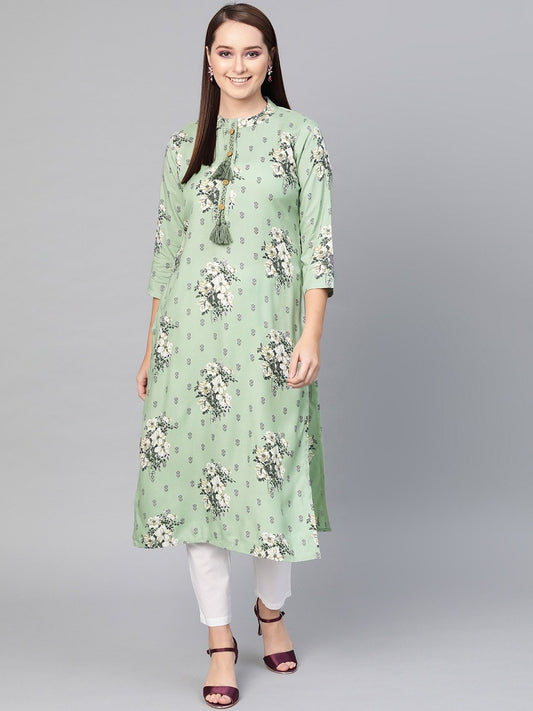 Women's  Green & Grey Floral Print Straight Kurta