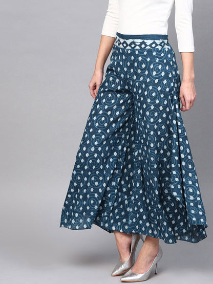 Women's  Blue & White Flared Block Print Palazzos