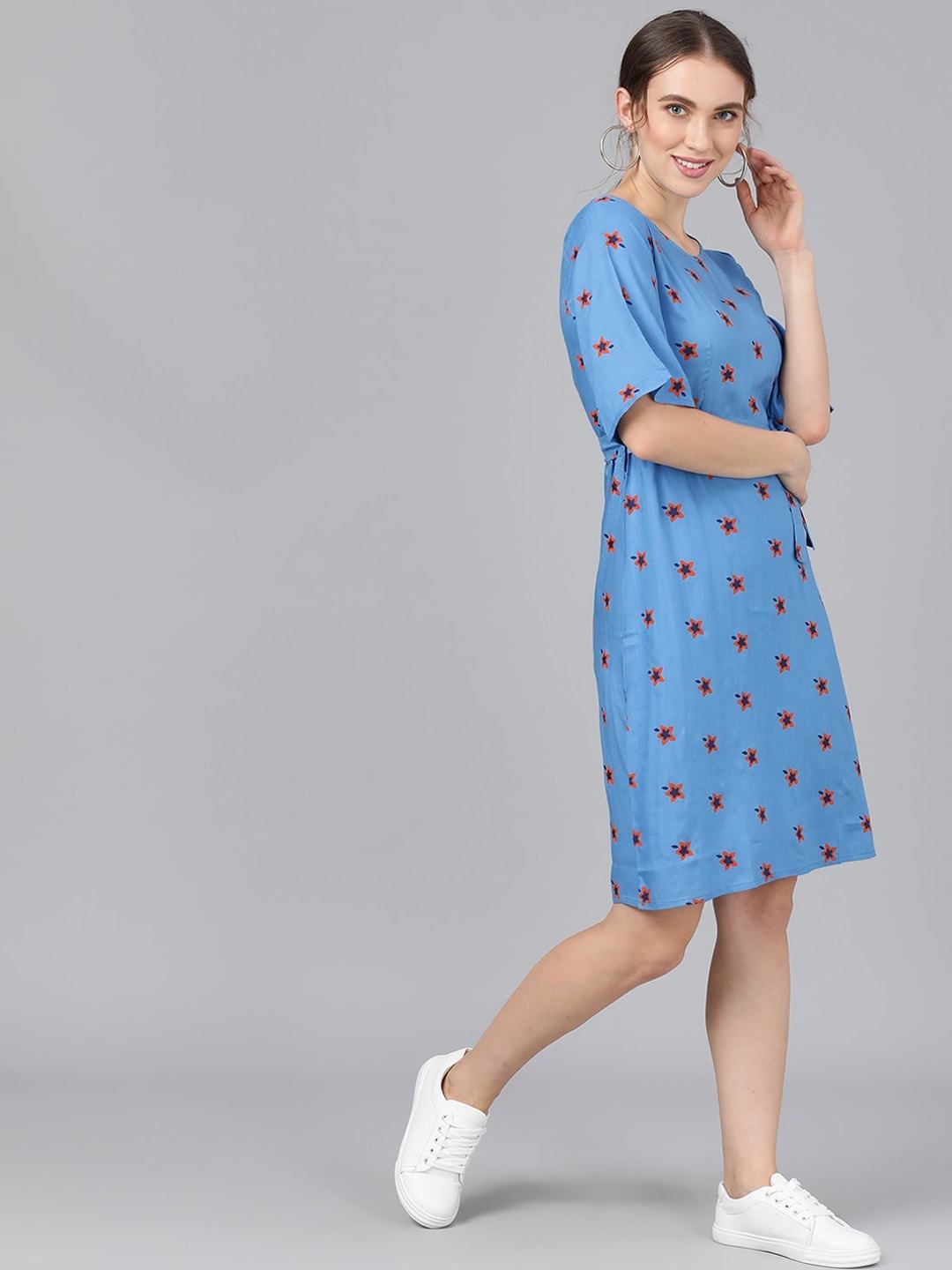 Women's  Blue & Maroon Printed Fit and Flare Dress