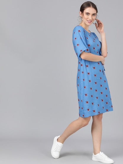 Women's  Blue & Maroon Printed Fit and Flare Dress