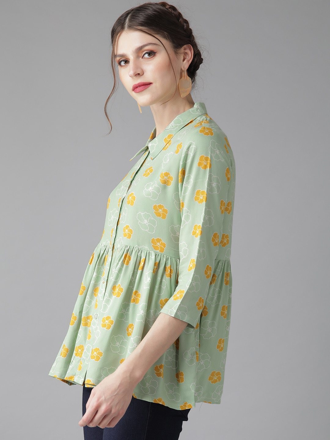 Women's  Green & Mustard Yellow Floral Printed Tunic