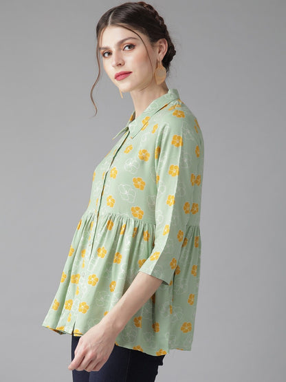 Women's  Green & Mustard Yellow Floral Printed Tunic