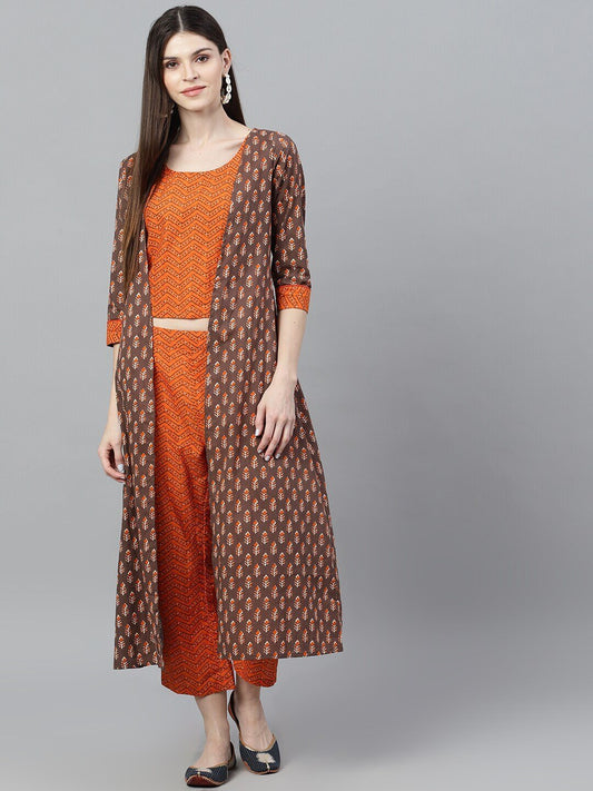 Women's Orange & Brown Printed Top & Capri With Jacket