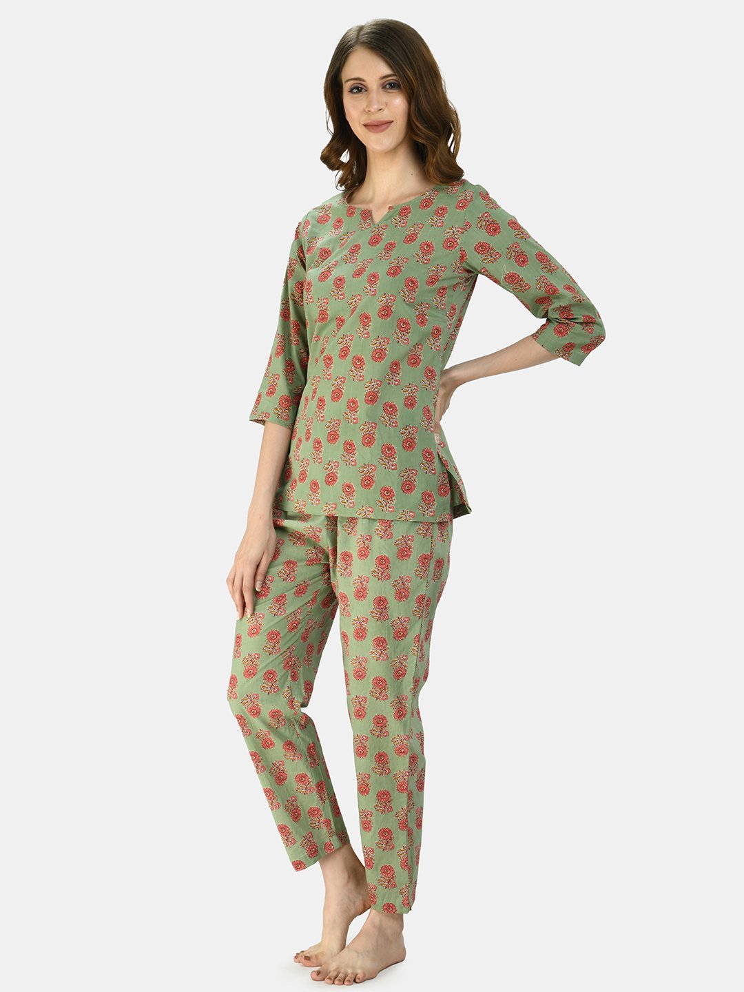 Women's Multicolor Cotton Printed Half Sleeve V Neck Casual Night Suit