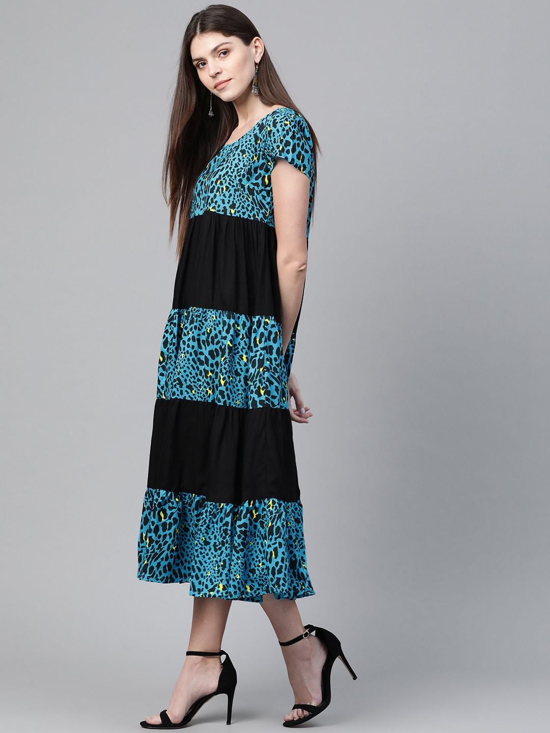 Women's  Blue & Black Animal Printed A-Line Tiered Dress