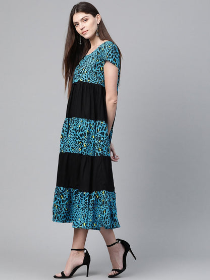 Women's  Blue & Black Animal Printed A-Line Tiered Dress