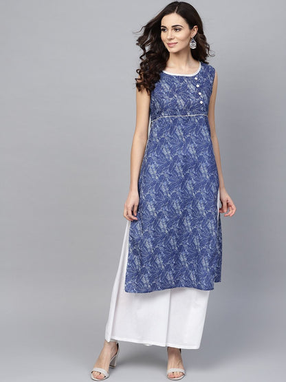 Women's  Navy Blue & White Printed Kurta with Palazzos