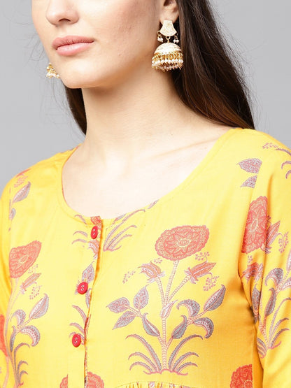 Women's  Mustard Yellow & Rust Orange Printed A-Line Kurta