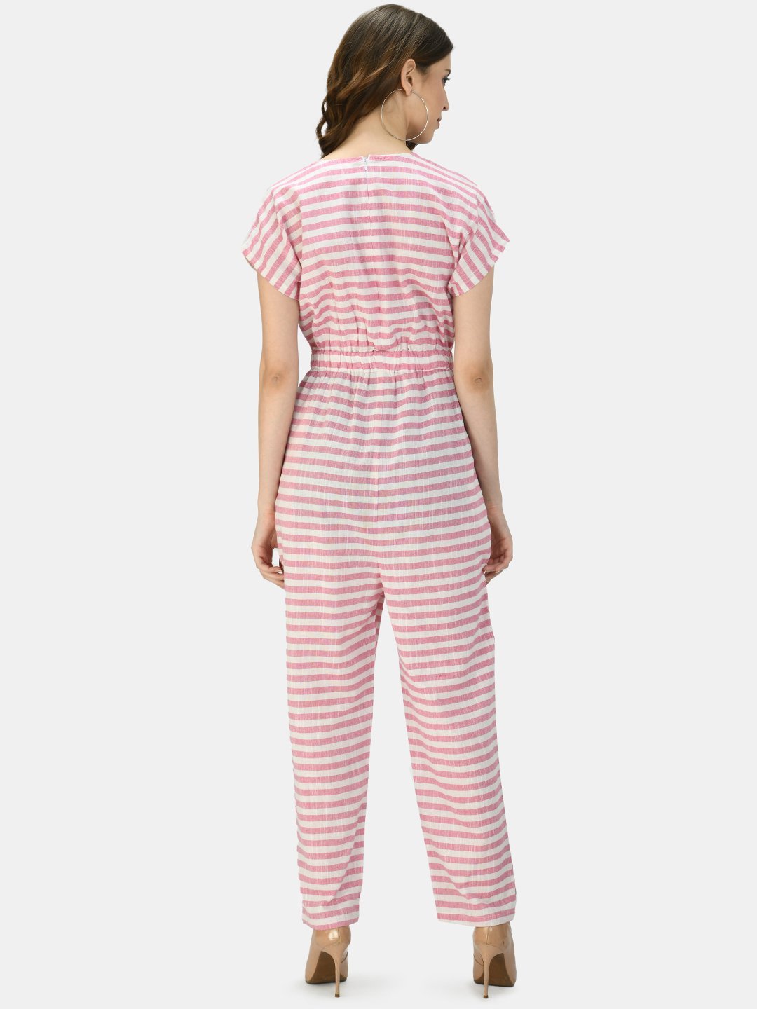 Women's Pink Cotton Printed Short Sleeve Round Neck Casual Jumpsuit