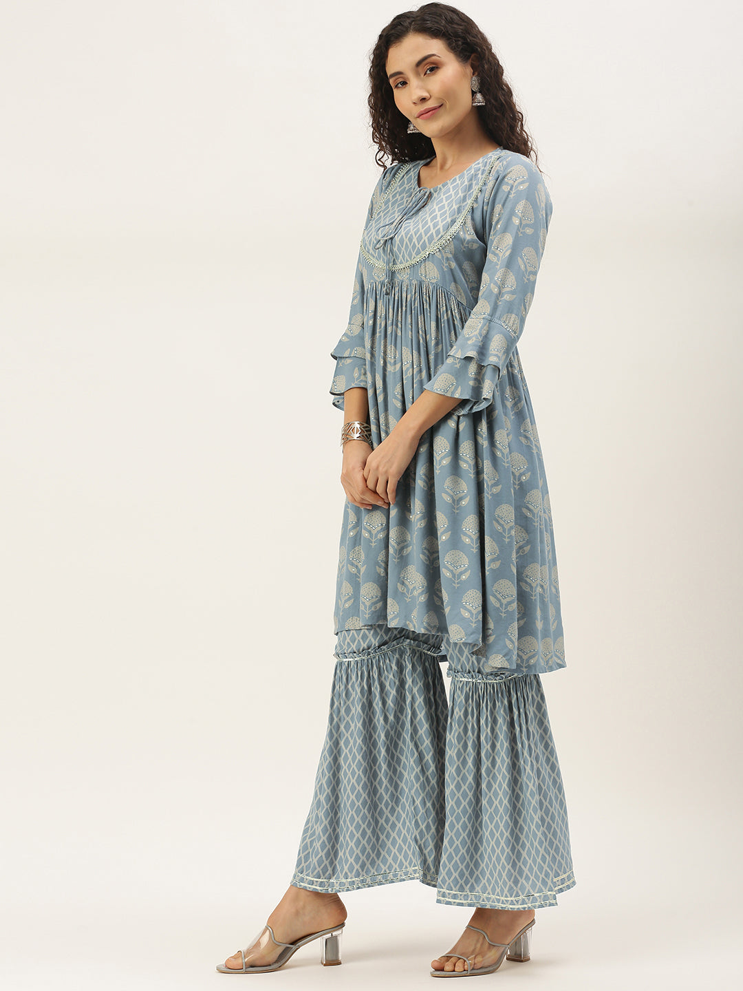 Women's Grey Color Muslin Foil Printed Kurta Sharara With Dupatta