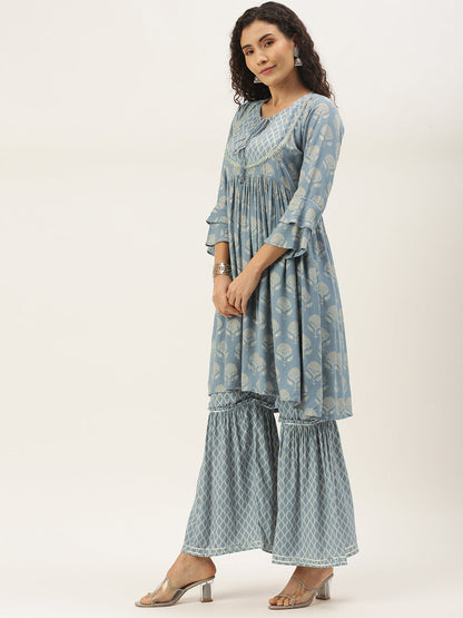 Women's Grey Color Muslin Foil Printed Kurta Sharara With Dupatta