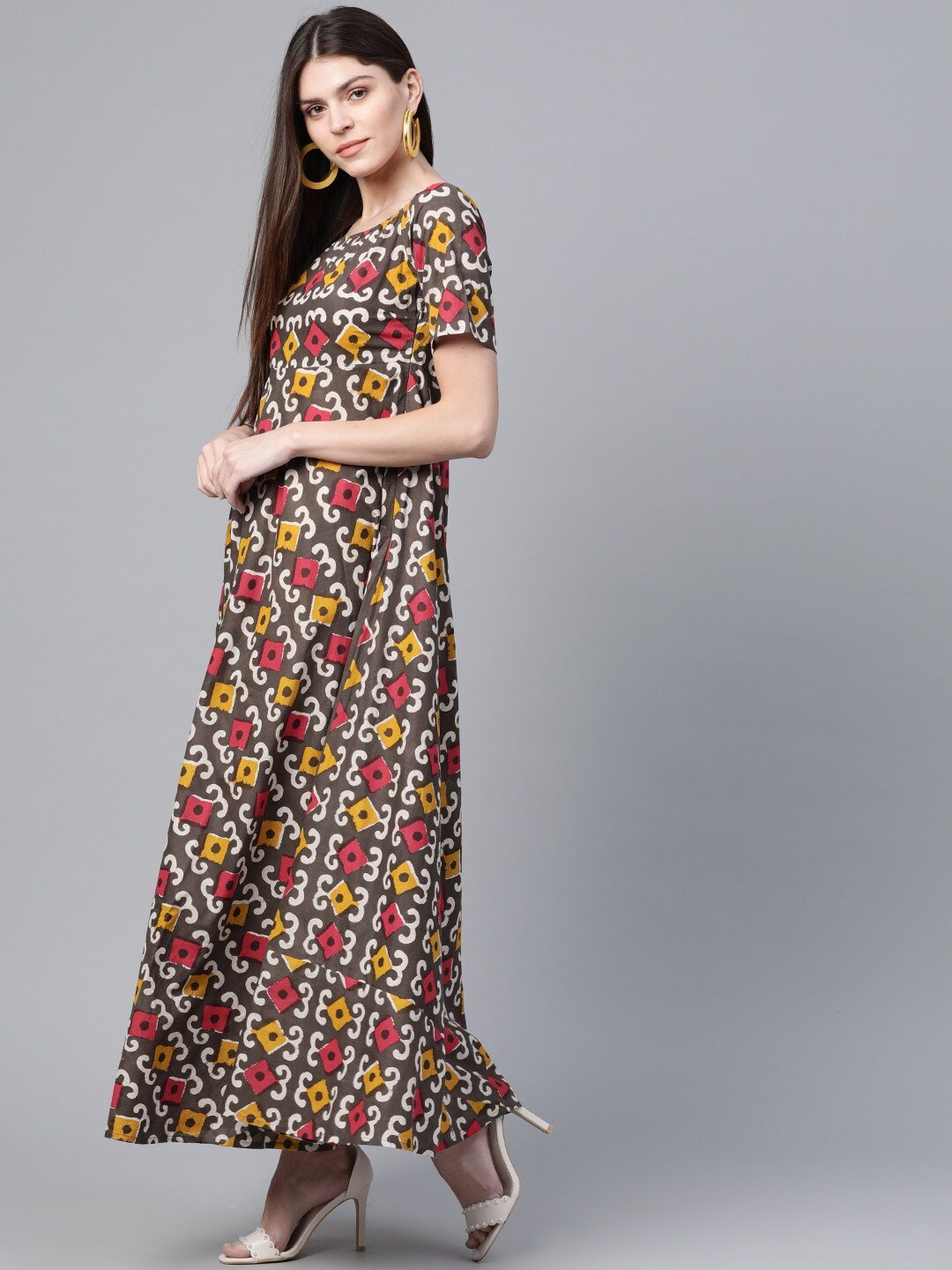 Women's  Brown & Red Ethnic Printed Maxi Dress